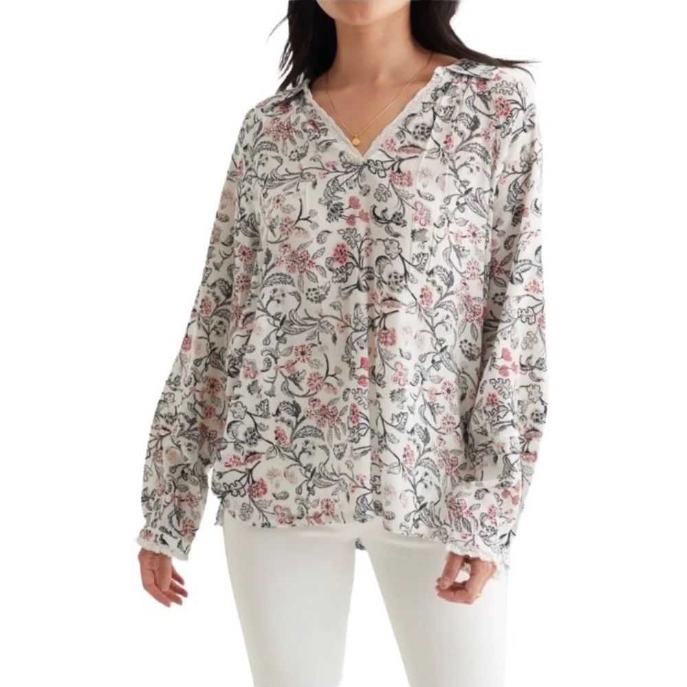 LUCKY BRAND NWT White Floral Boho Crepe Popover Blouse S